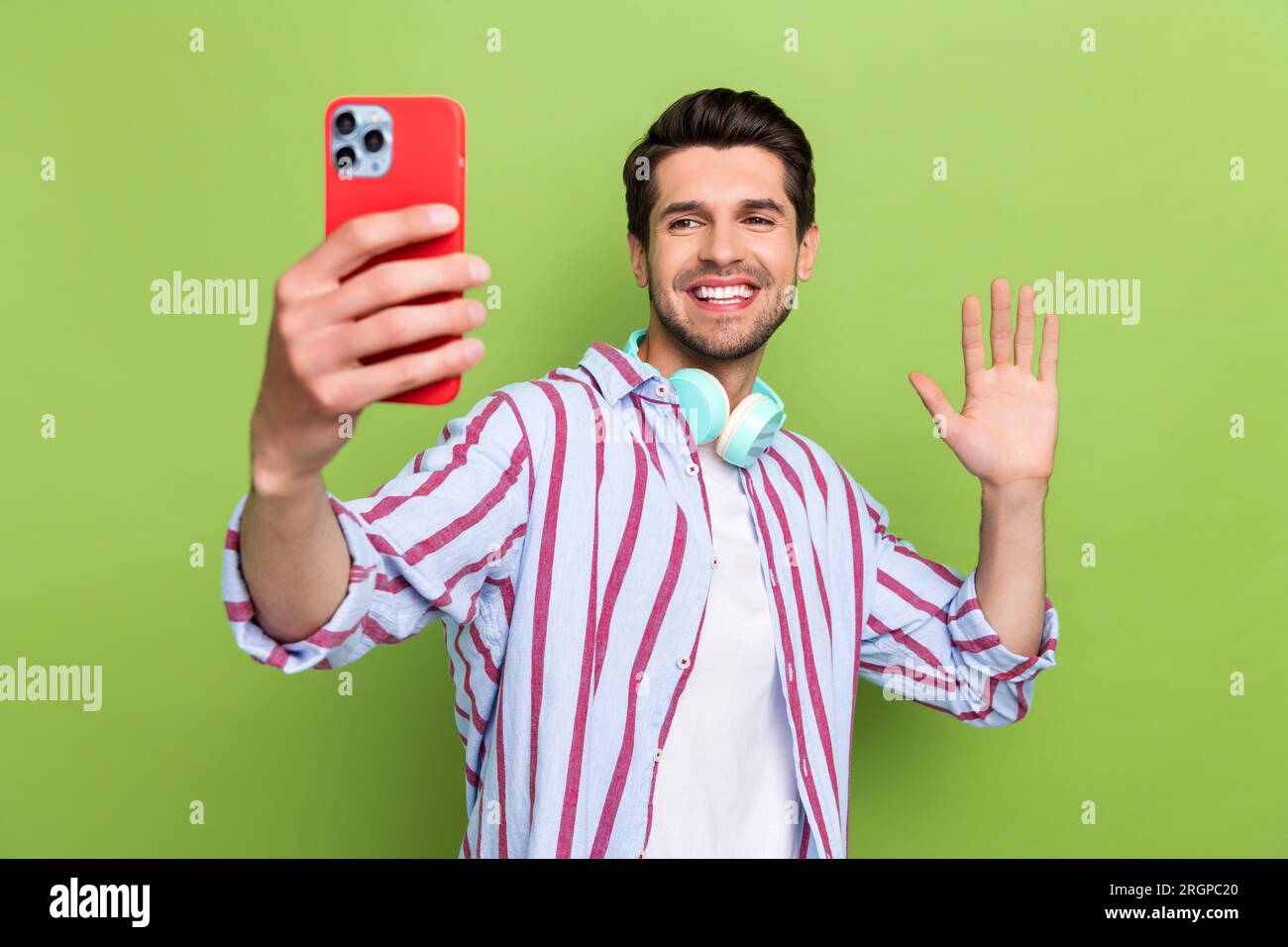 Portrait of toothy beaming guy with bristle wear stylish clothes making ...