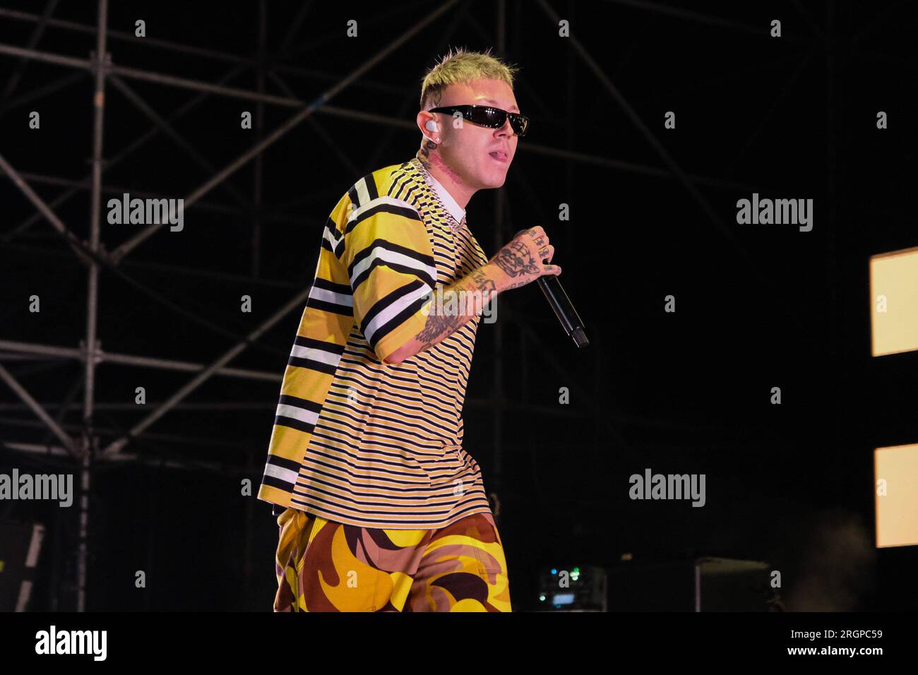Italian rapper Jacopo Lazzarini, aka Lazza performs on stage during the ...