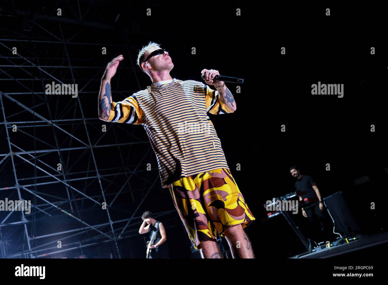 Italian rapper Jacopo Lazzarini, aka Lazza performs on stage during the ...