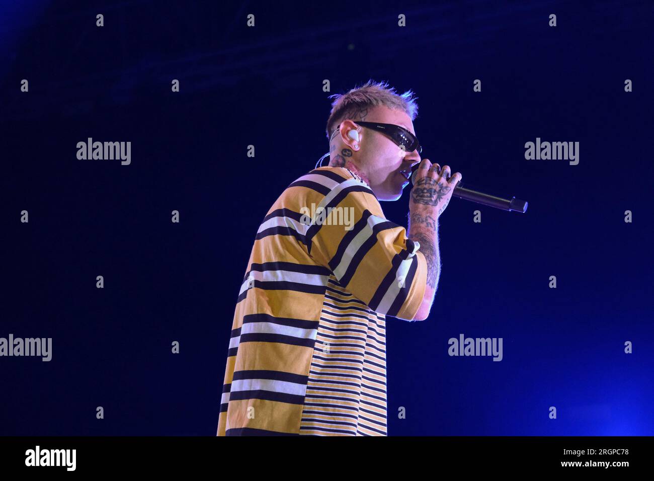 Italian rapper Jacopo Lazzarini, aka Lazza performs on stage during the ...