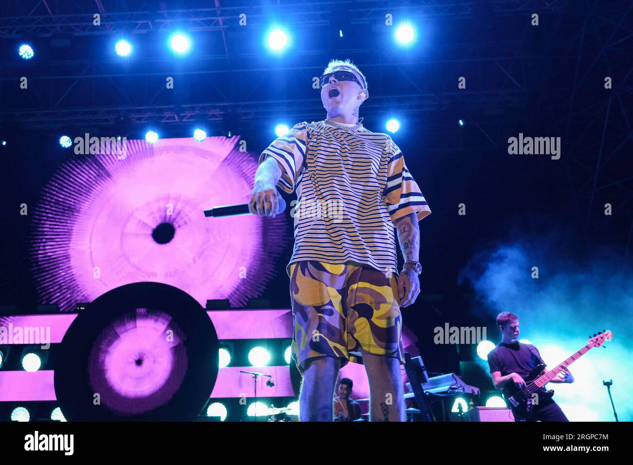 Italian rapper Jacopo Lazzarini, aka Lazza performs on stage during the ...