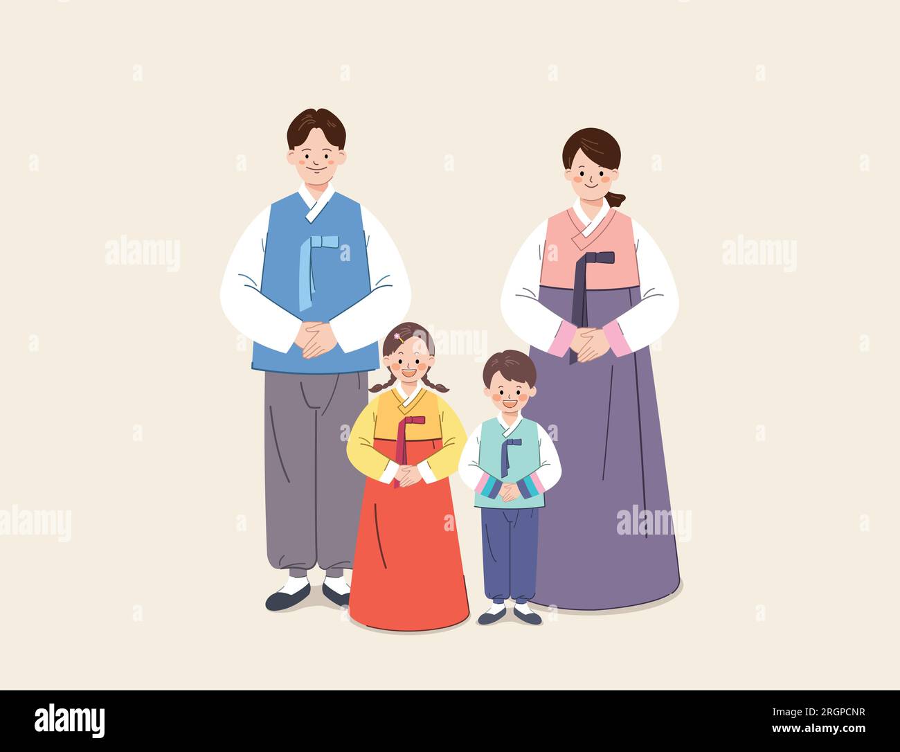 Korean family standing together wearing traditional hanbok. Stock Vector
