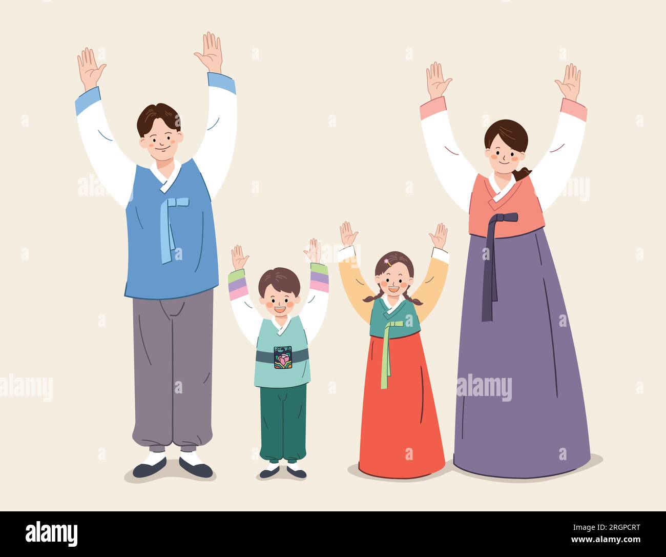 Korean family wearing traditional hanbok and raising both hands. Stock Vector