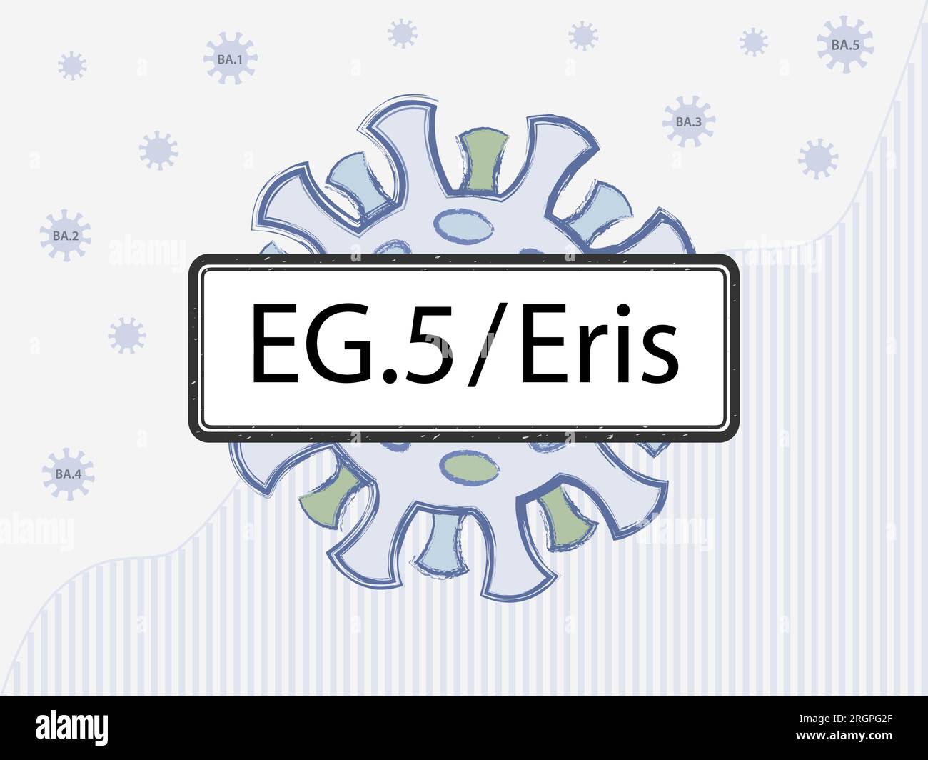 EG.5 / Eris in the sign. Coronovirus with spike proteins of a different color symbolizing mutations. New Omicron subvariant against the statistics. Stock Vector