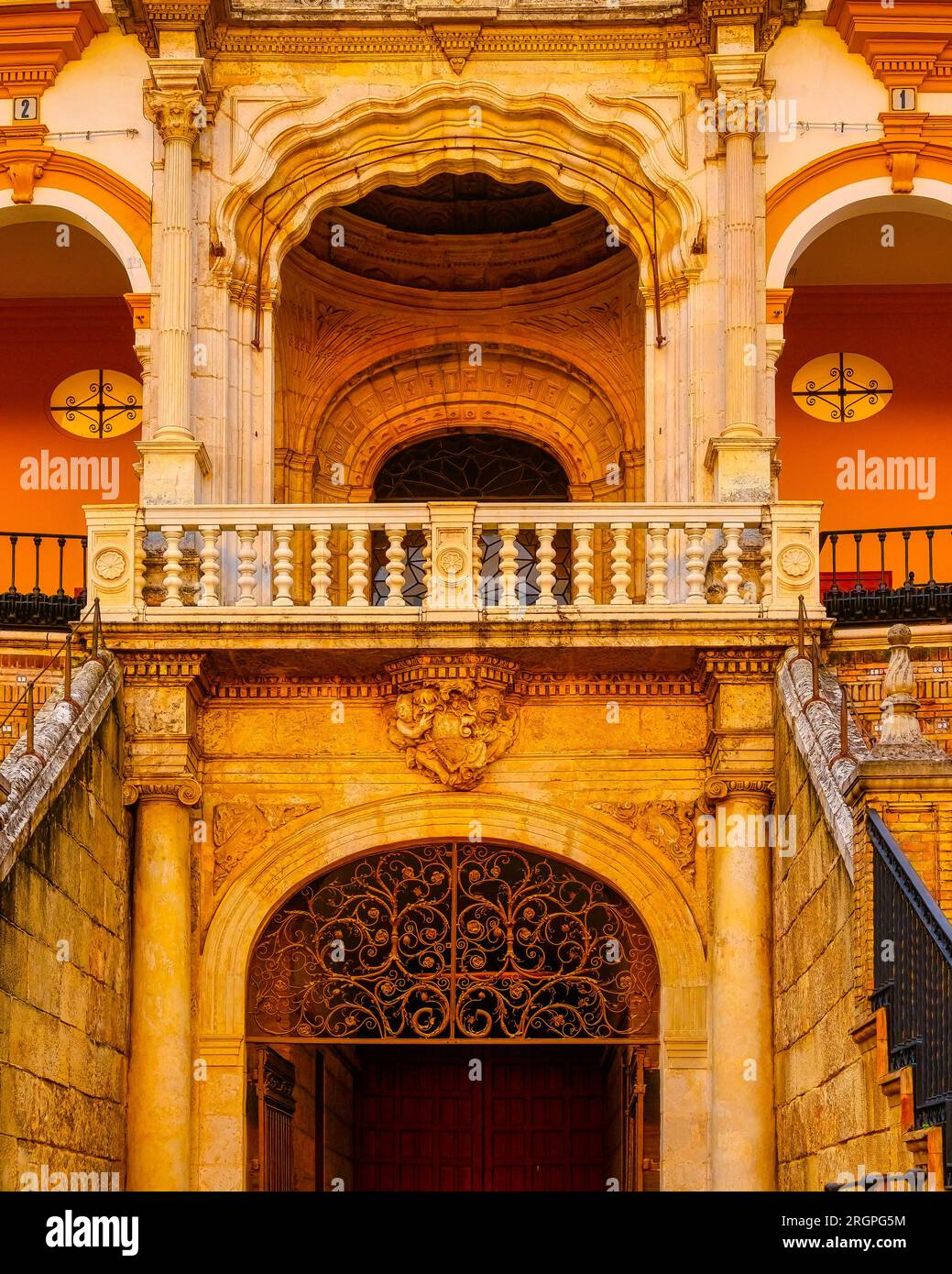 Seville, Spain, Medieval style balcony and door in the interior of the