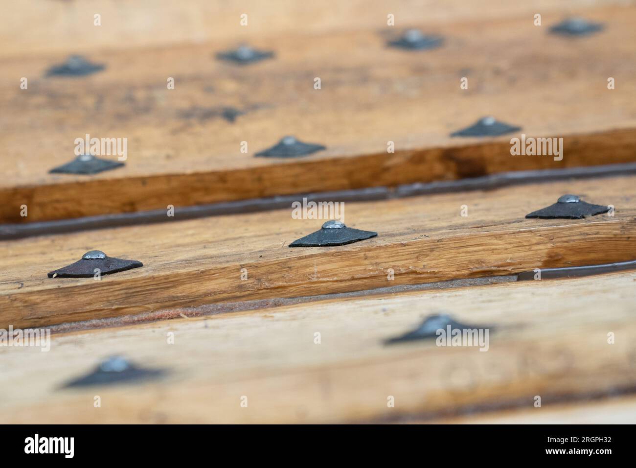 Detail of the bolts on the replica of the Sutton Hoo longship, at the
