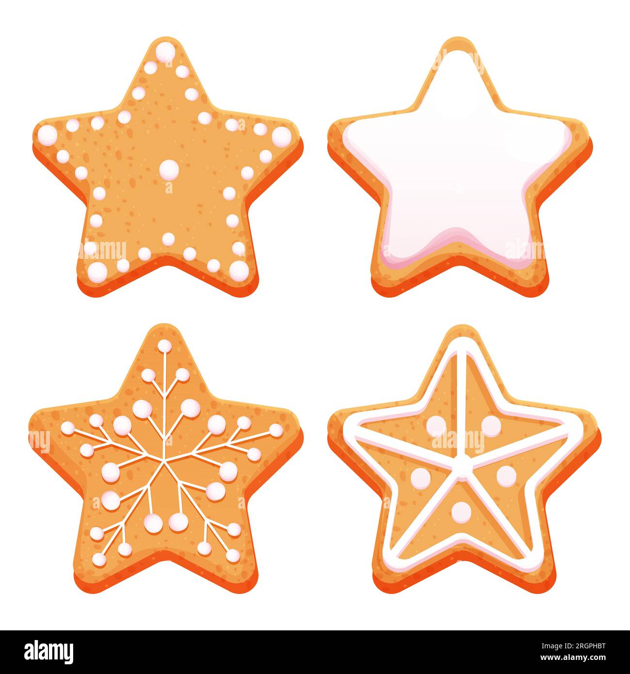 Set gingerbread star with glaze, icing decoration top view in cartoon style isolated on white. Christmas, winter holiday cookie, sweet traditional dessert. Vector illustration Stock Vector