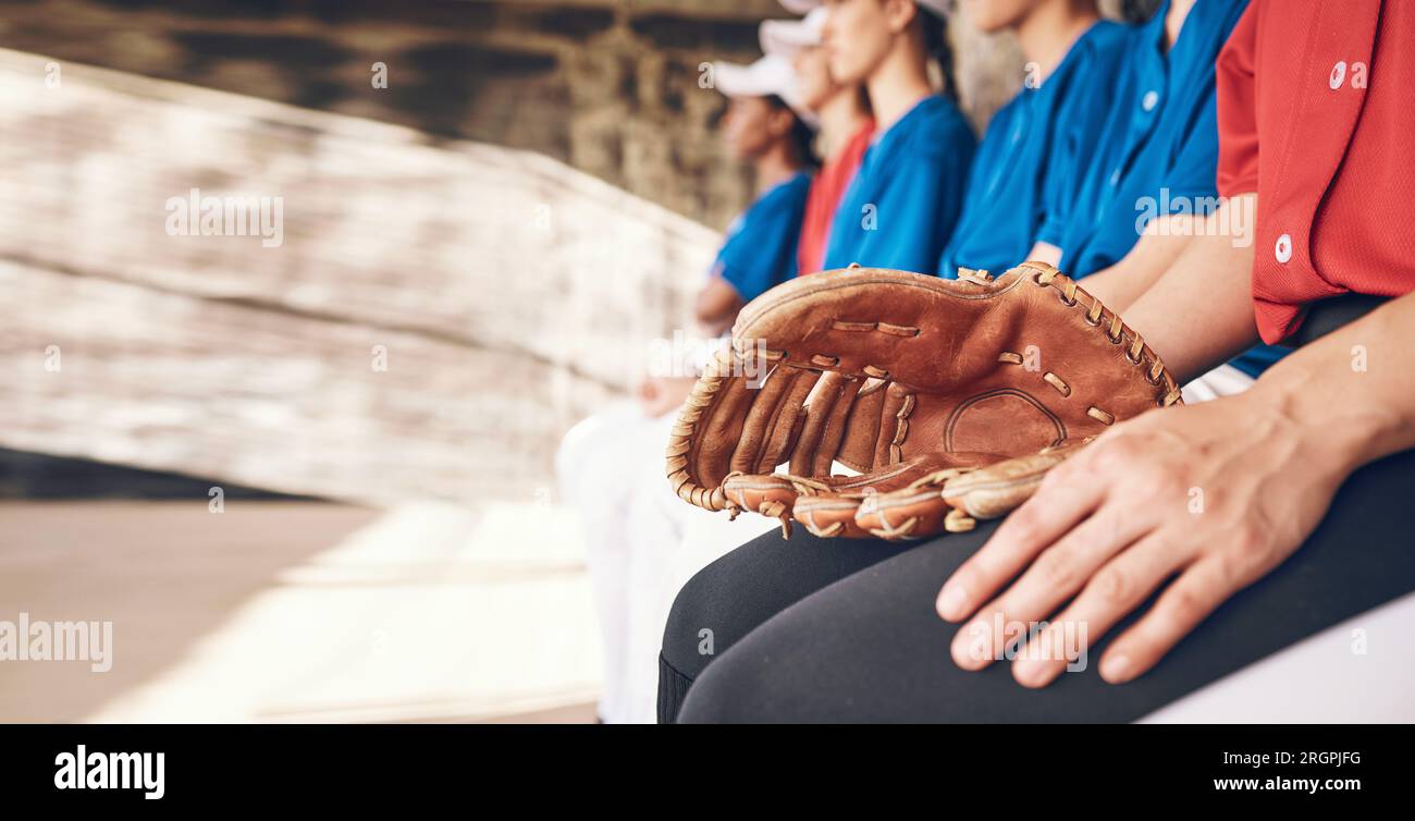 Sports, hand and athlete with a glove for baseball, watching game and team together. Fitness, training and a pitcher or person with gear for a Stock Photo