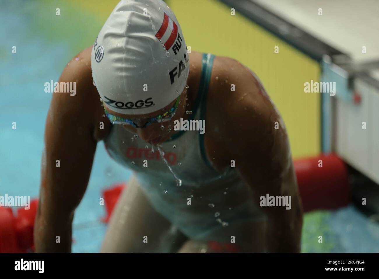 Janina FAL:K after her Women's 100m Breaststroke SB14 Final during day three of the Para Swimming World Championships Manchester 2023 at Manchester Aq Stock Photo