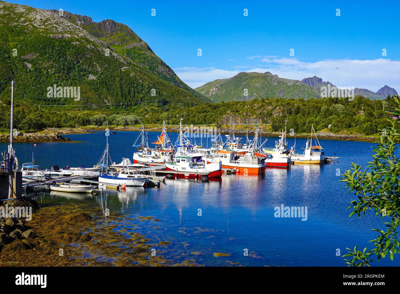 Fishing boats at Sildpollen, The Lofoten islands archipelago in Arctic Norway, the magic islands Stock Photo