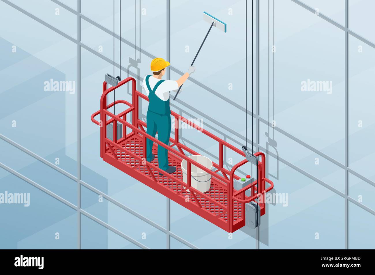 Isometric professional high rise window cleaning service workers in