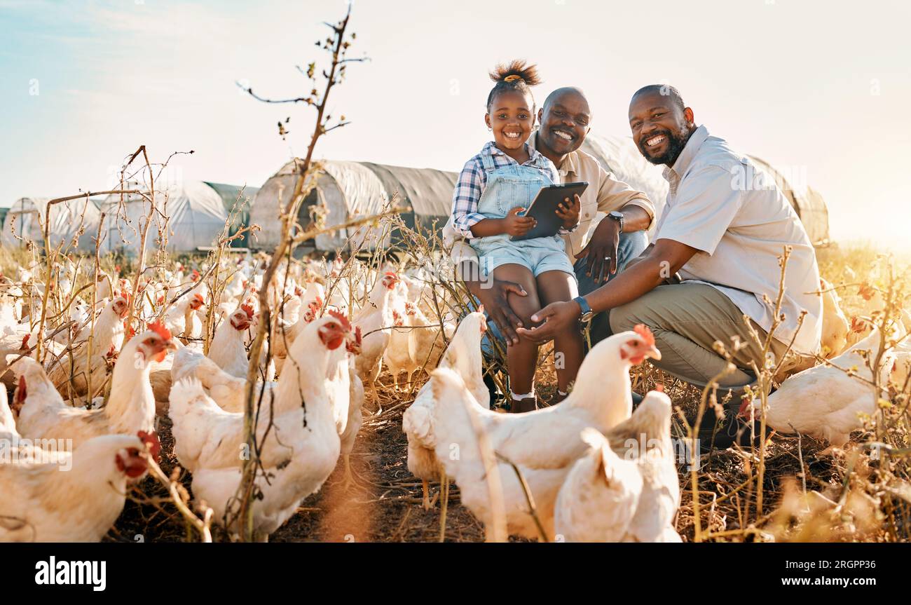 Family, chicken farm and portrait in countryside with gay parents ...