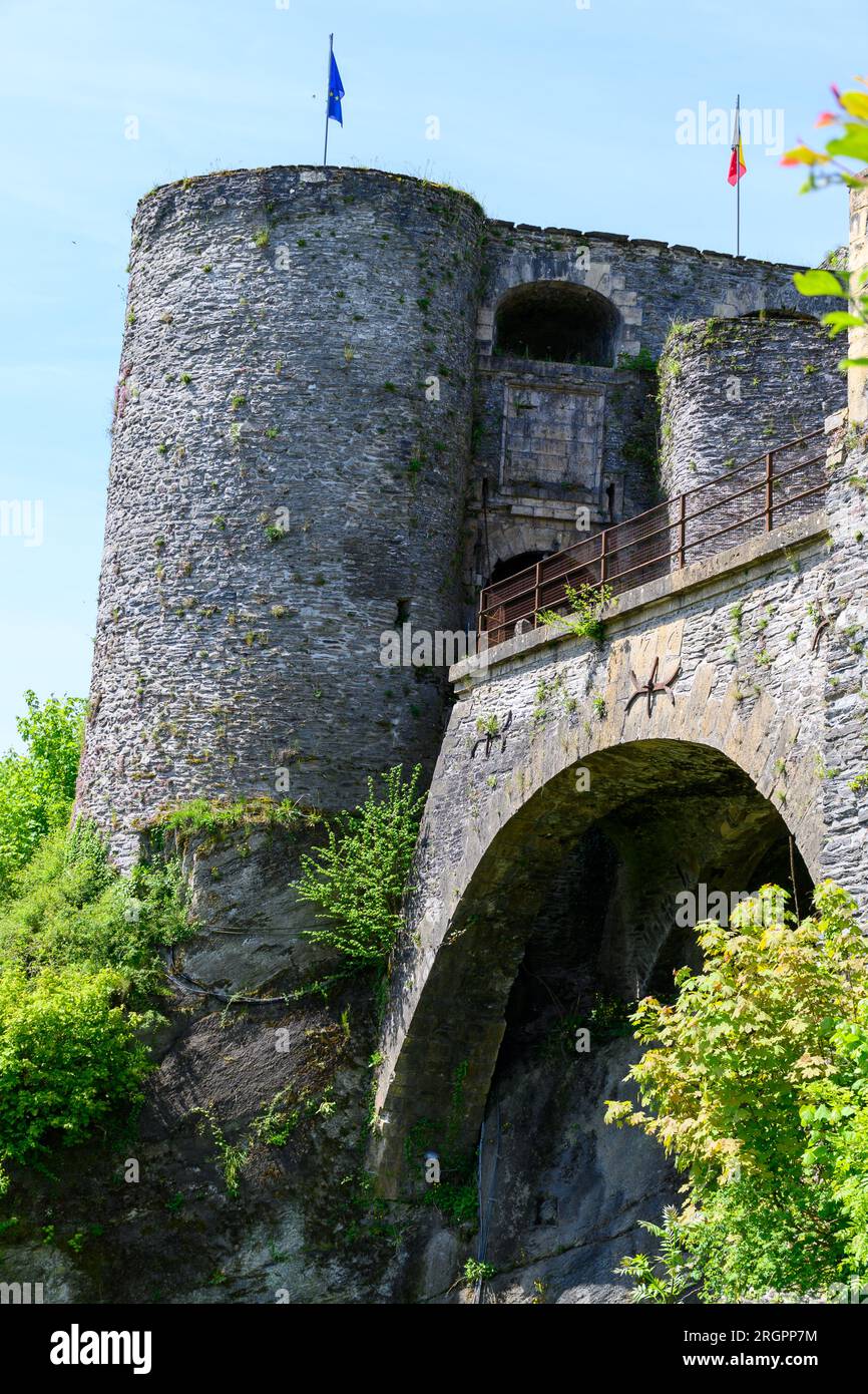Walking in medieval town Bouillon with fortified castle on rock