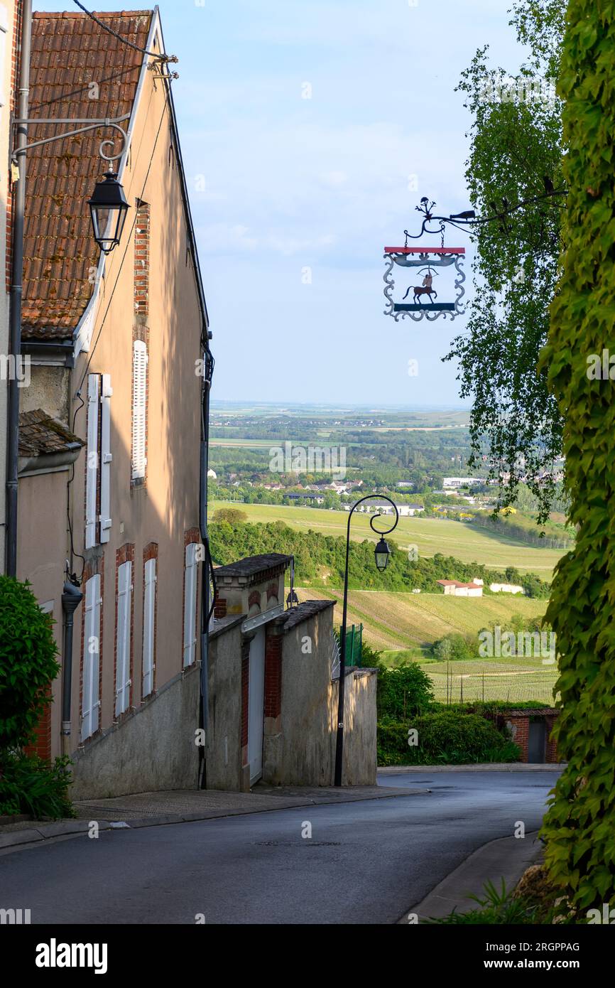 Walking in touristic old village with abbey Hautvillers, cradle of champagne, France Stock Photo