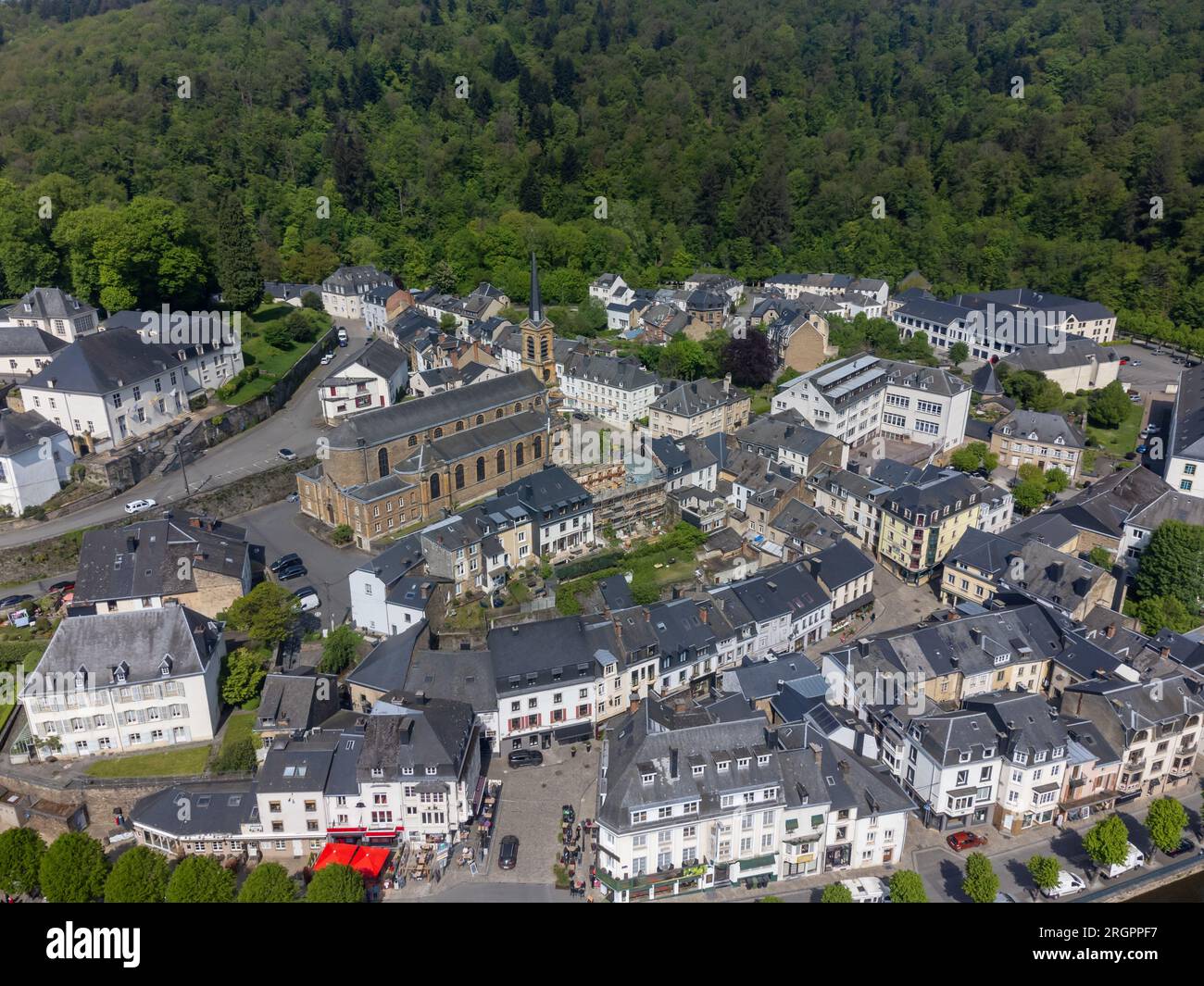 Aerial view on medieval town Bouillon with old fortified castle