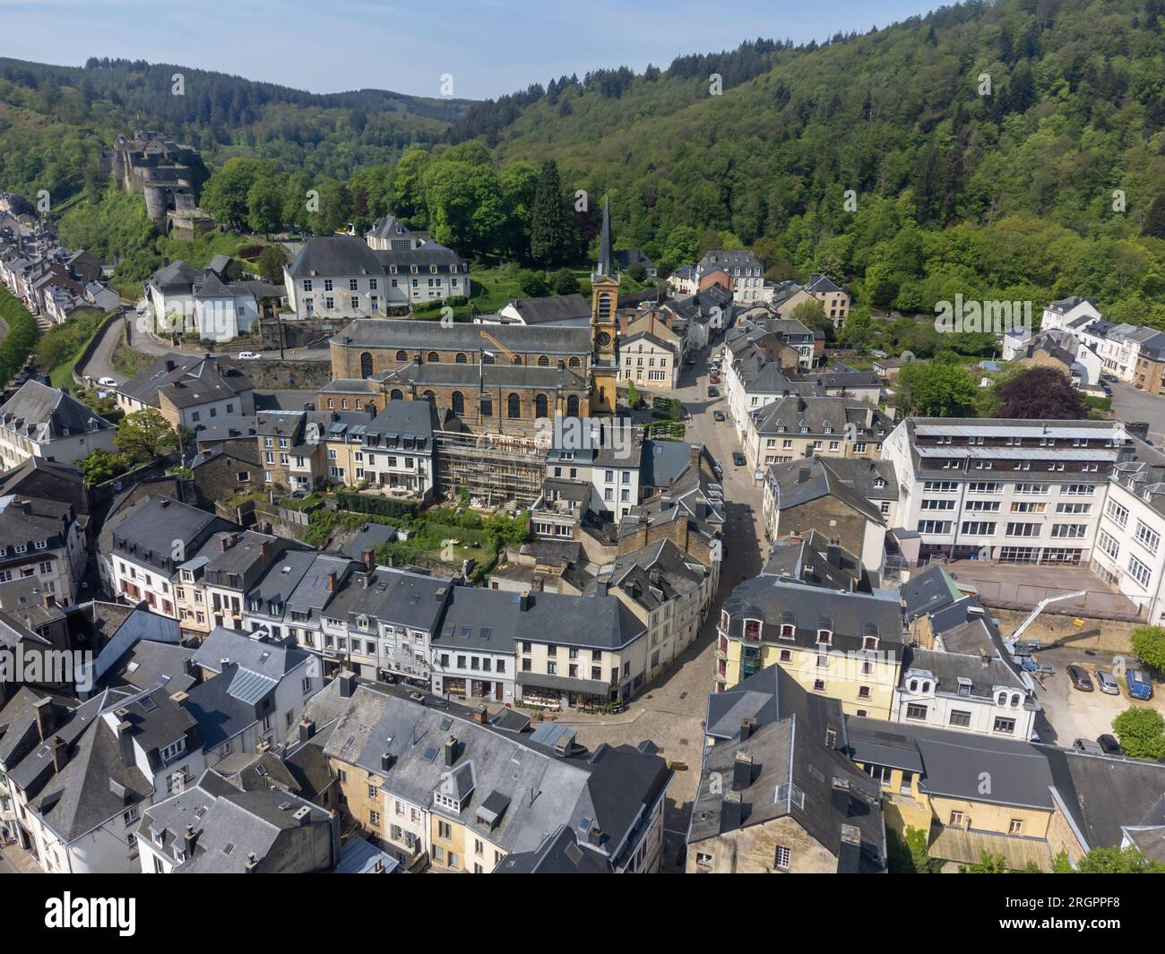 Aerial view on medieval town Bouillon with old fortified castle