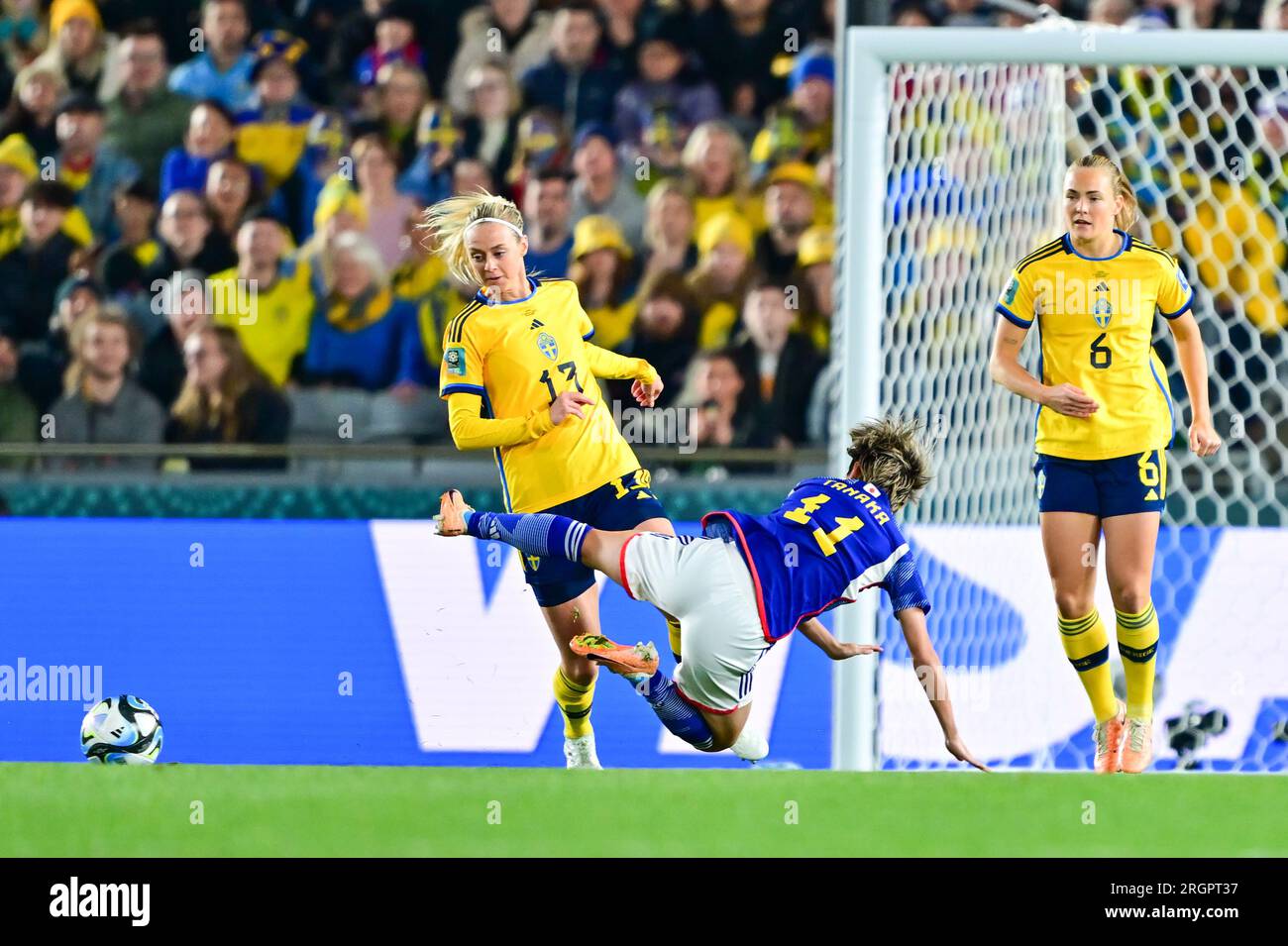 Auckland, New Zealand. 11th Aug, 2023. Tanaka Mina (C) of Japan competes during the quarterfinal match between Japan and Sweden at the FIFA Women's World Cup 2023 in Auckland, New Zealand, Aug. 11, 2023. Credit: Zhu Wei/Xinhua/Alamy Live News Stock Photo