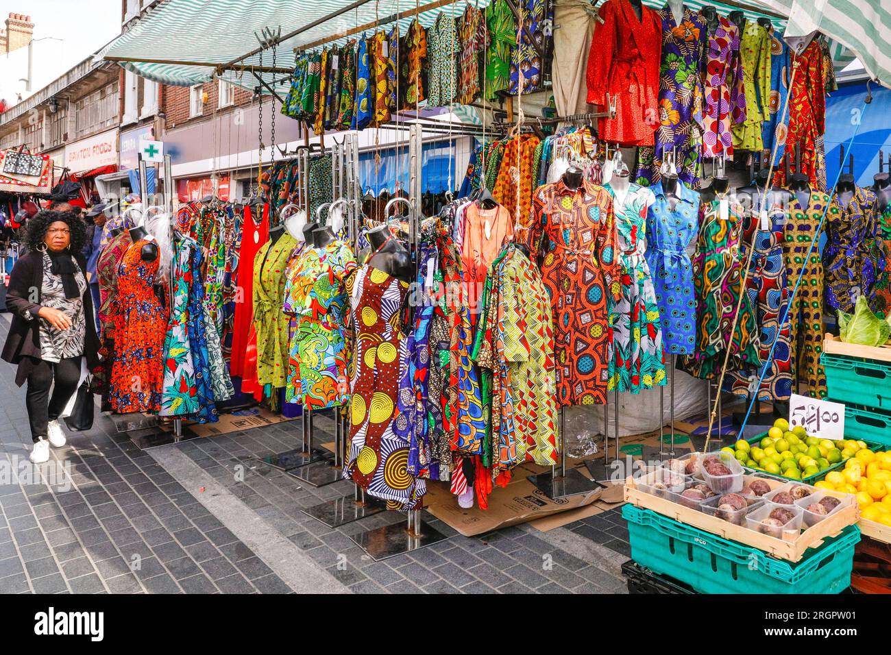 Electric Avenue Brixton, shop and stall selling African pattern fabrics