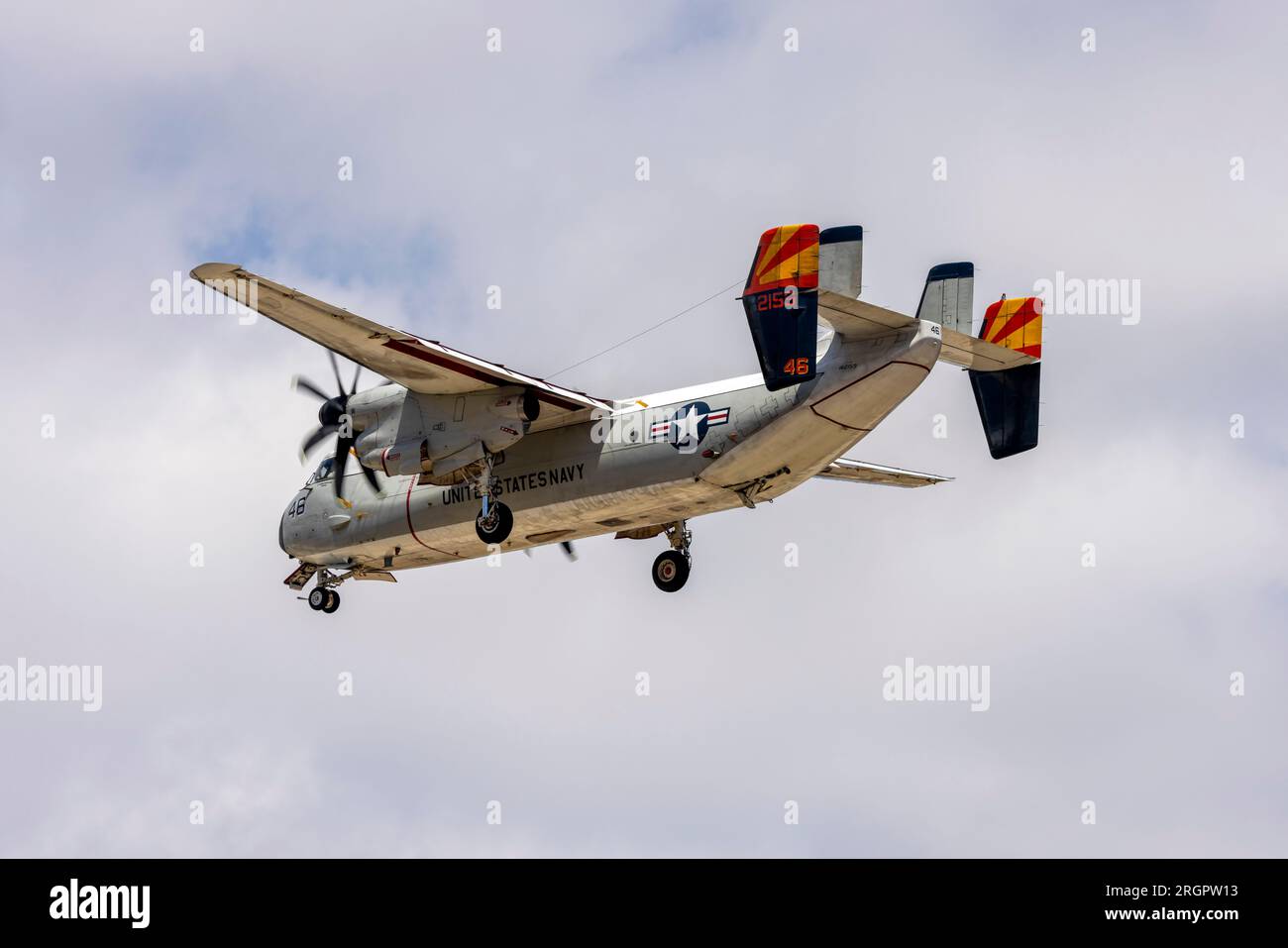 United States Navy Grumman C-2A Greyhound (G-123) (REG: 162159) landed from Sigonella, Sicily and departed to USS Ford. Stock Photo
