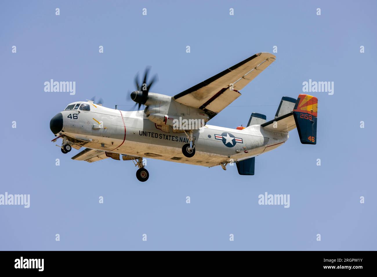 United States Navy Grumman C-2A Greyhound (G-123) (REG: 162159) landed from Sigonella, Sicily and departed to USS Ford. Stock Photo