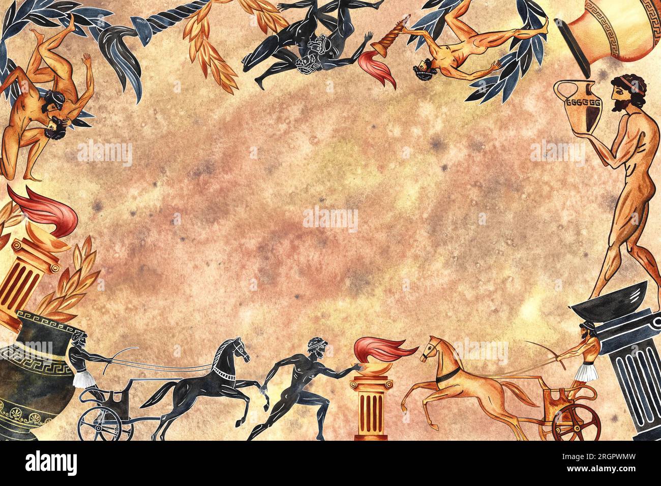 Frame with ancient Greek elements and athletes. In the style of ancient