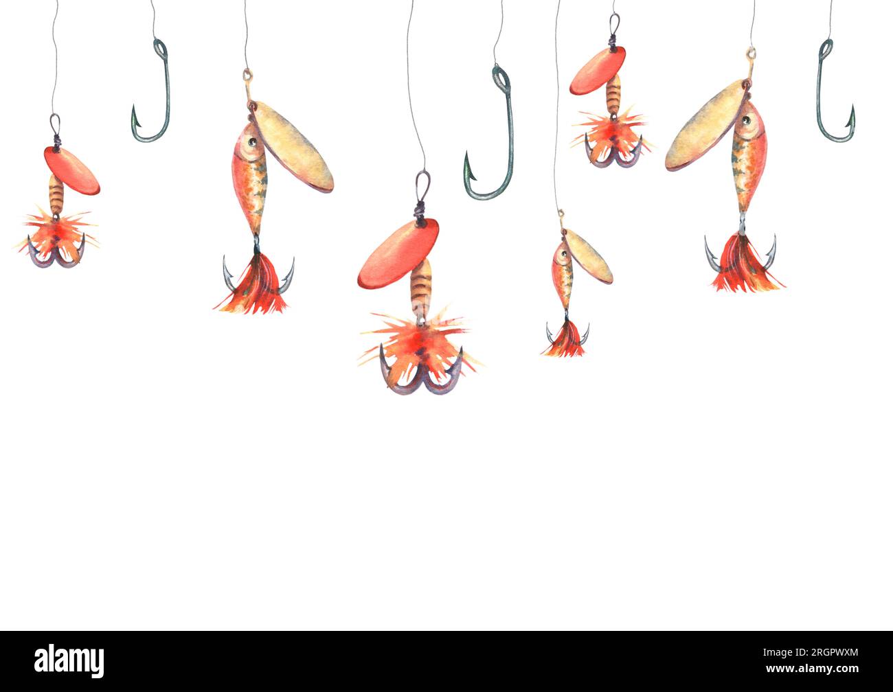 https://c8.alamy.com/comp/2RGPWXM/frame-with-fishing-tackle-hooks-and-lures-watercolor-illustration-on-white-background-for-business-design-packaging-of-fishing-tackle-postcards-2RGPWXM.jpg