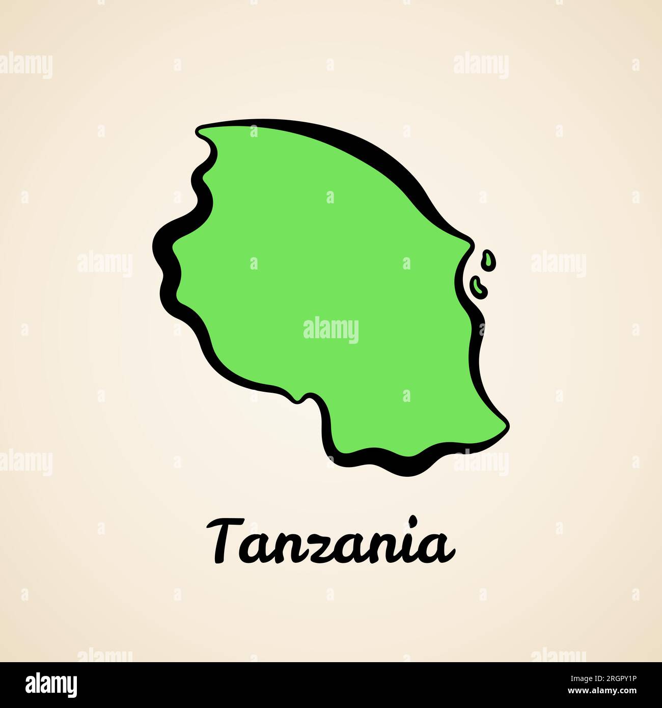 Green simplified map of Tanzania with black outline. Stock Vector