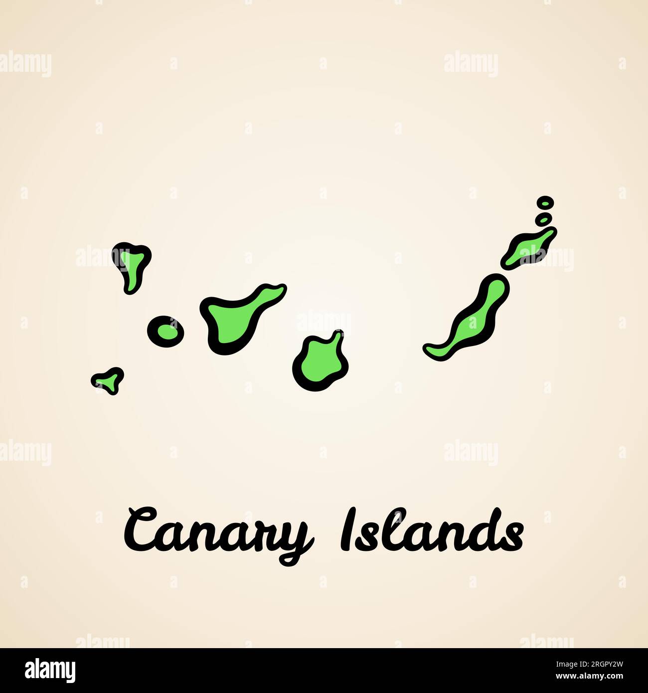 Green simplified map of Canary Islands with black outline. Stock Vector