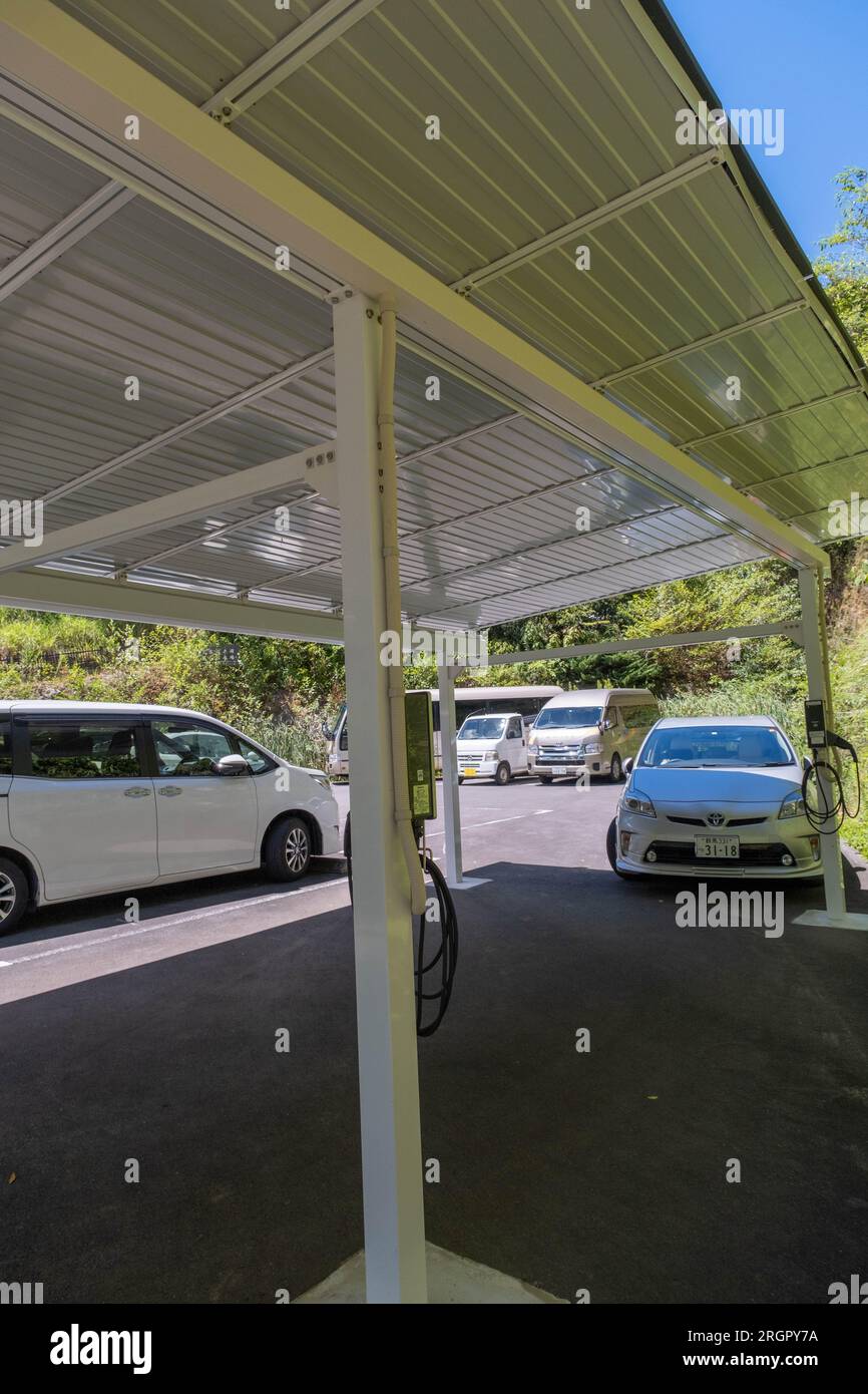 A covered electric vehicle charging station with solar panels on the ...