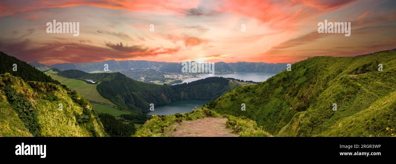 Panoramic landscape view of Twin Lakes of Sete Cidades from Boca do Inferno viewpoint in the island of Sao Miguel, Azores, Portugal Stock Photo
