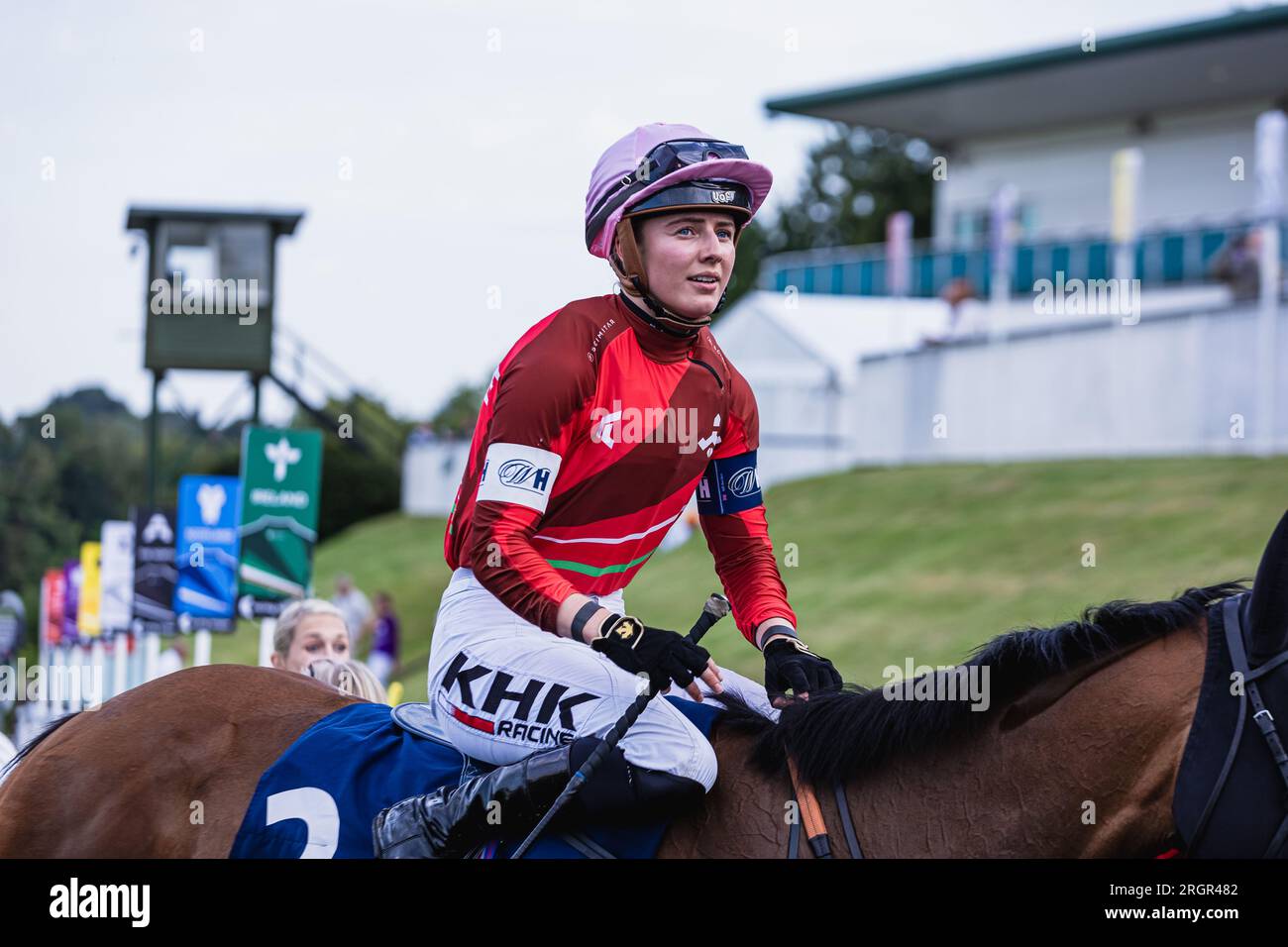 Saffie Osborne with Chinese Knot, after winning the 2.30pm Racing League 2023 meeting at Chepstow Racecourse, 10th August 2023. Stock Photo