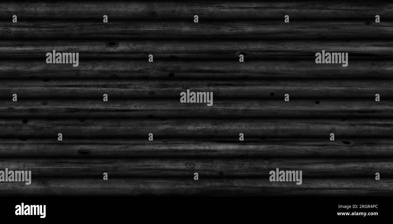 Seamless dark black natural wood log cabin wall background texture. Rustic old grunge redwood timber logs tileable repeat surface pattern. High resolu Stock Photo