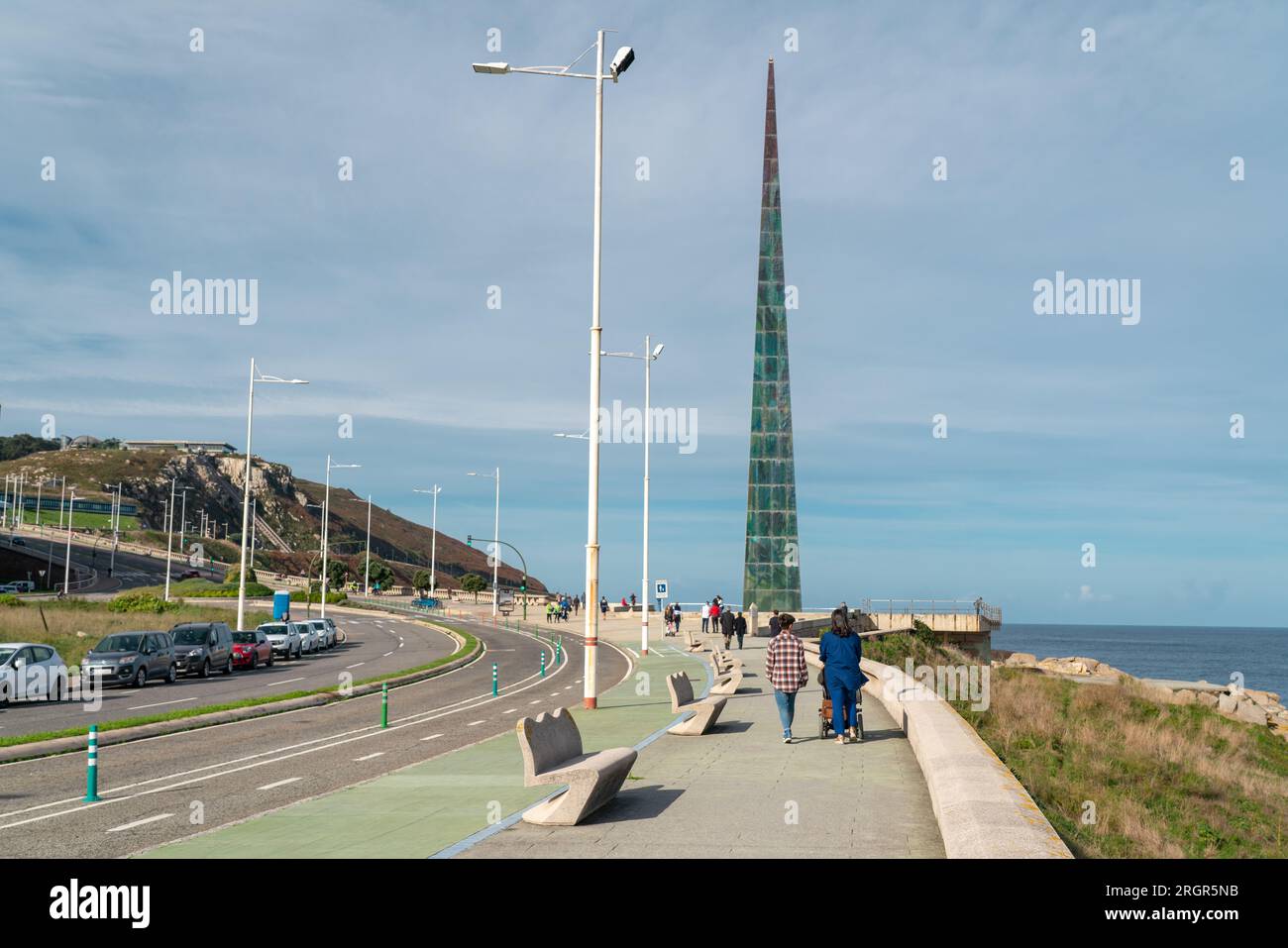 A Coruna, SPAIN - October 30 2022: A Coruna city. View of Obelisco Millenium and Gerargo Porto Avenue. Travel destination in Galicia, Spain. Promenade Stock Photo