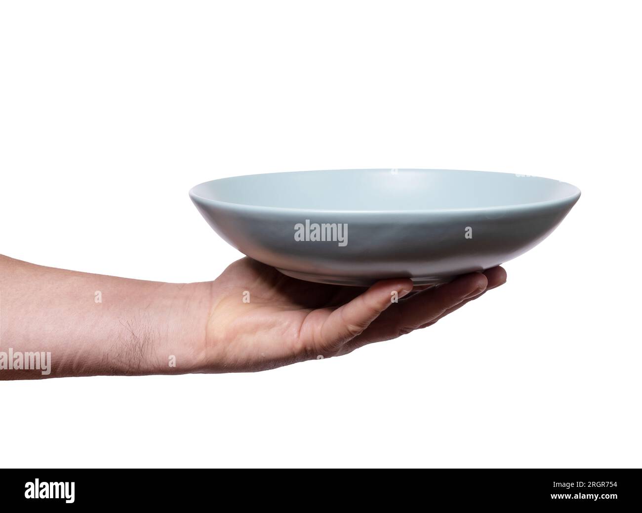 an empty plate in a man's hand on a transparent background Stock Photo