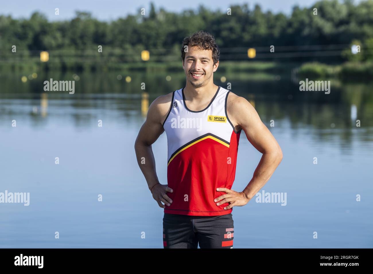 Willebroek, Belgium. 11th Aug, 2023. Red Torpedoes' kayaker Bram Sikkens poses for the photographer at a press conference organized by the Vlaamse Roeiliga and Peddelsport Vlaanderen, ahead of the Olympic Games in Parijs 2024, Friday 11 August 2023 in Willebroek. During this press conference, the selection criteria and the athletes towards the Paris Olympics will be presented. BELGA PHOTO TOM GOYVAERTS Credit: Belga News Agency/Alamy Live News Stock Photo