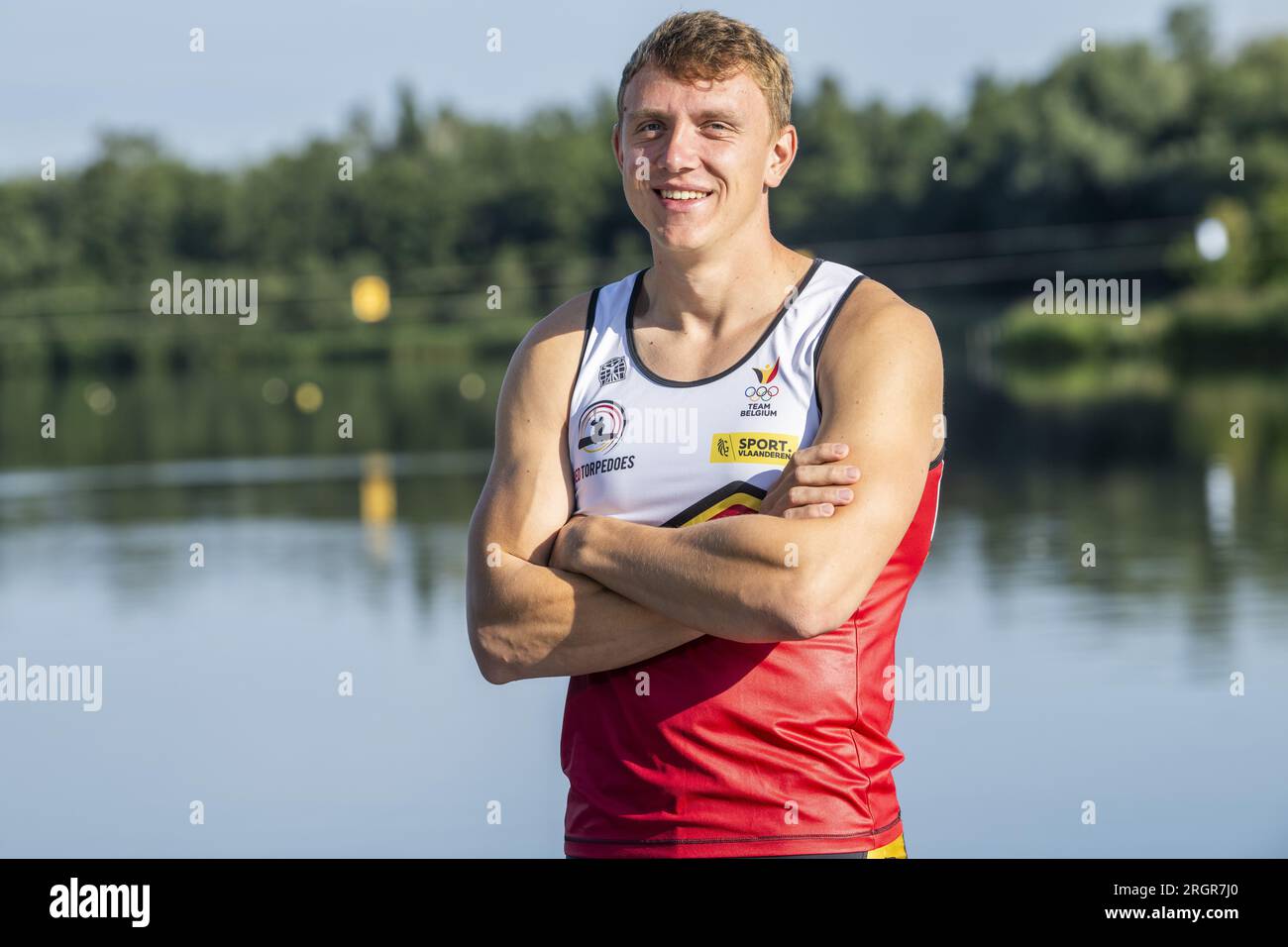 Willebroek, Belgium. 11th Aug, 2023. Red Torpedoes' kayaker Artuur Peters poses for the photographer at a press conference organized by the Vlaamse Roeiliga and Peddelsport Vlaanderen, ahead of the Olympic Games in Parijs 2024, Friday 11 August 2023 in Willebroek. During this press conference, the selection criteria and the athletes towards the Paris Olympics will be presented. BELGA PHOTO TOM GOYVAERTS Credit: Belga News Agency/Alamy Live News Stock Photo