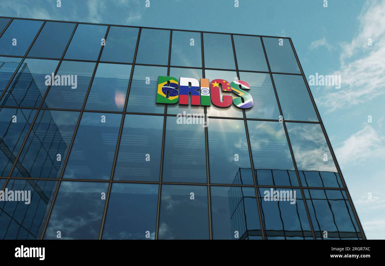 BRICS group glass building concept. Brazil Russia India China South Africa economy organization symbol on front facade 3d illustration. Stock Photo