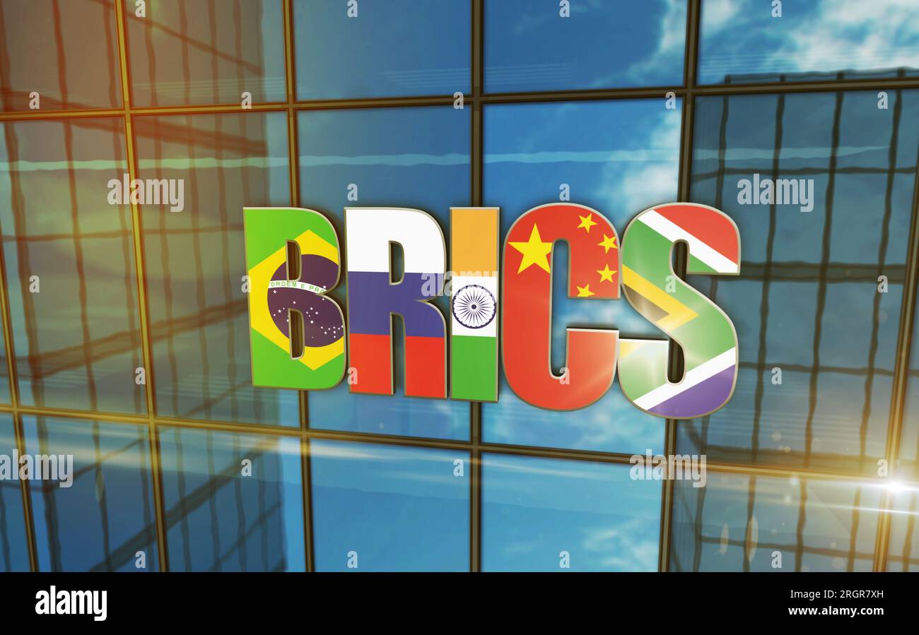 BRICS group glass building concept. Brazil Russia India China South Africa economy organization symbol on front facade 3d illustration. Stock Photo