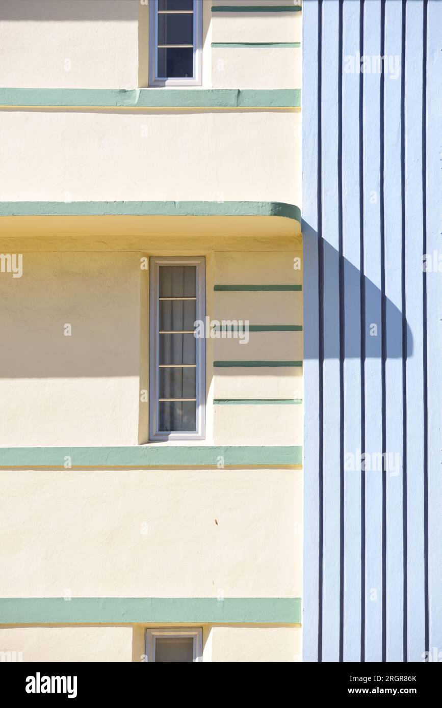 Miami. Art deco district. Geometries painted by the sky and light. Timeless color palette. Architectural details, striking compositions, vintage vibes Stock Photo