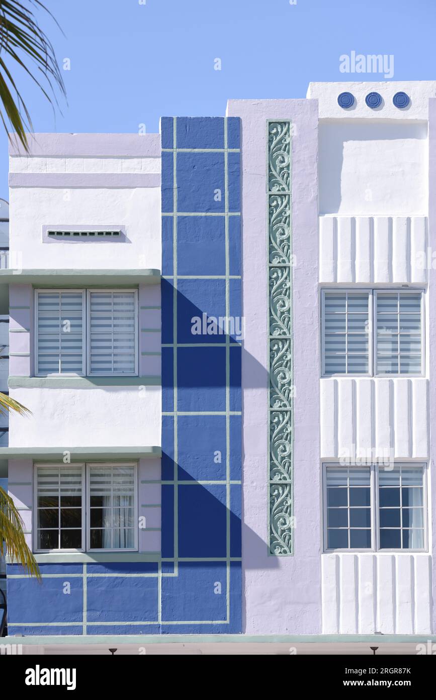 Miami. Art deco district. Geometries painted by the sky and light. Timeless color palette. Architectural details, striking compositions, vintage vibes Stock Photo