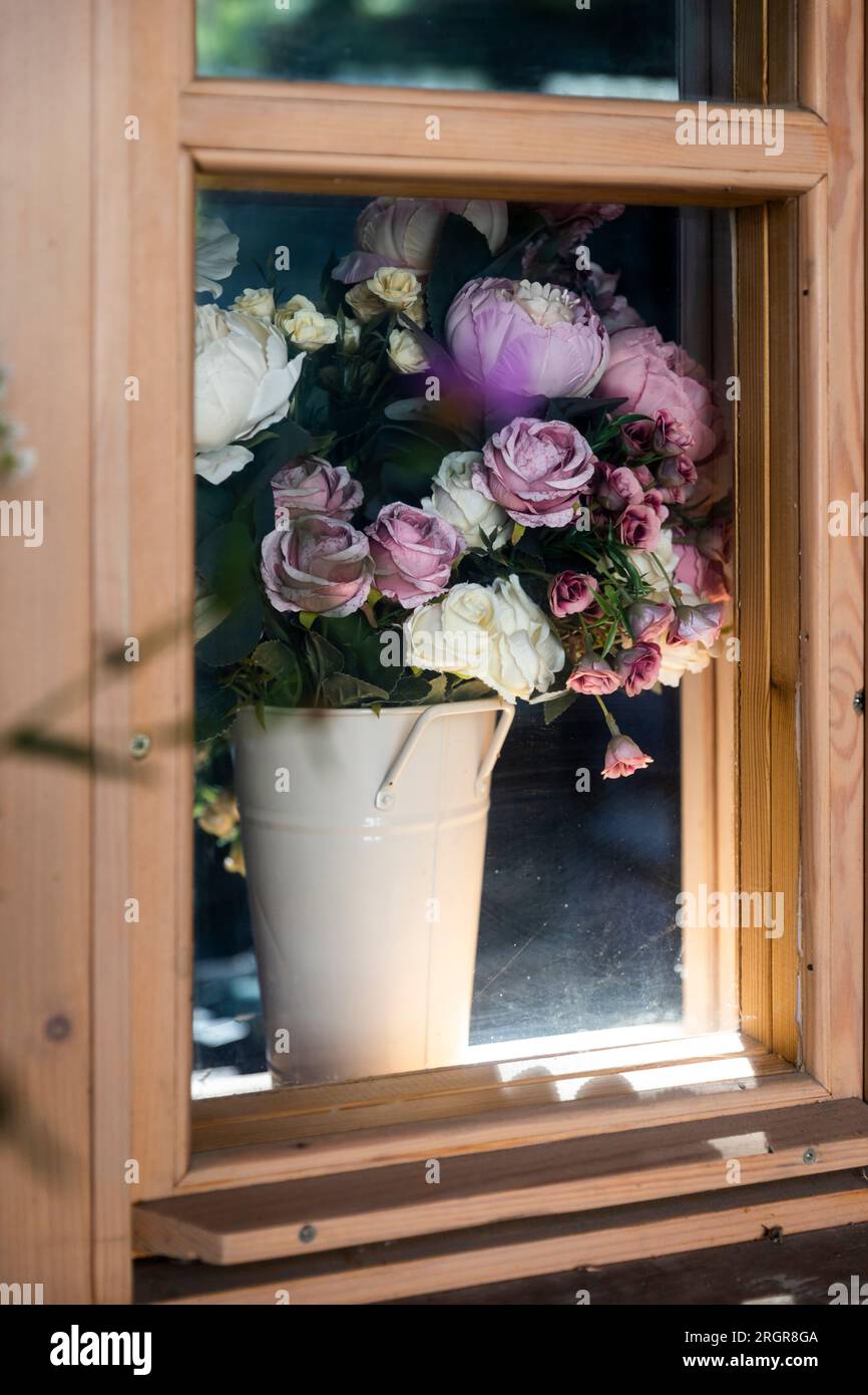 rustic bouquet of dried purple roses in a wooden window in the country ...