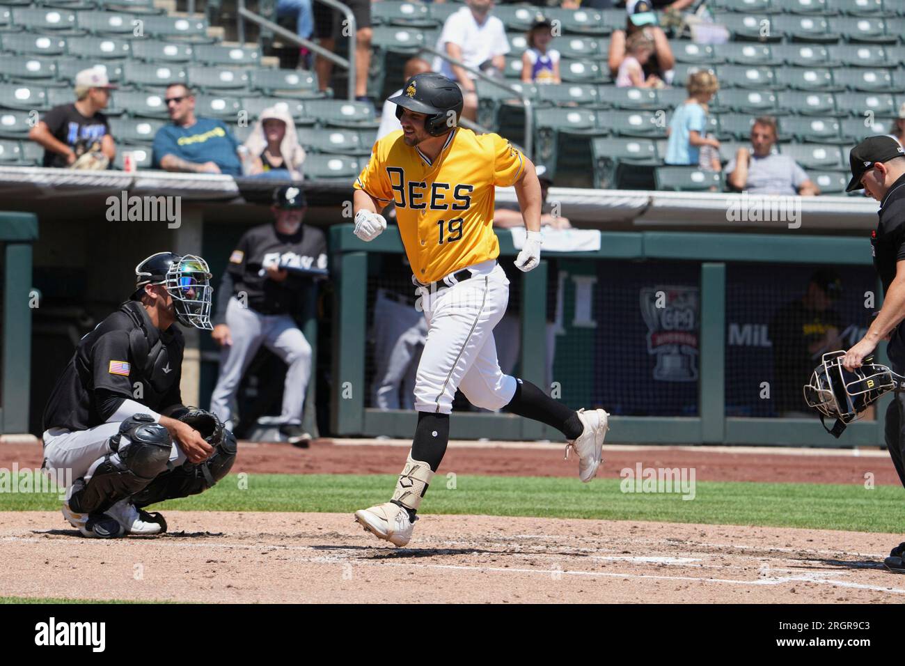 August 5 2023: El Paso designated hitter Tim Lopes (3) takes a walk during  the game with El Paso Chihuahuas and Salt Lake Bees held at Smiths Field in  Salt Lake Ut.