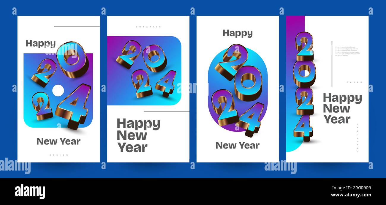 Creative and Colorful Happy New Year 2024 Poster Set with 3D Numbers