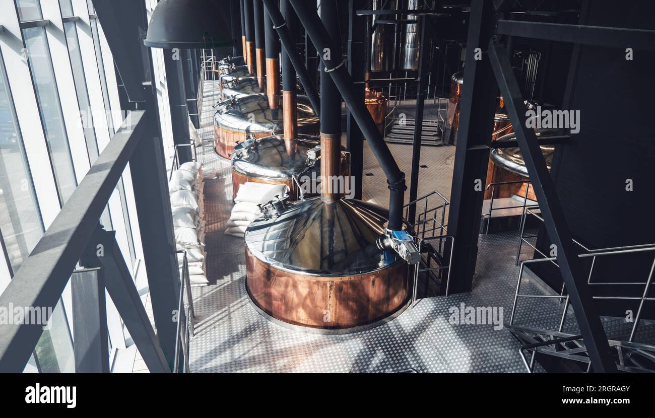 Equipment for beer preparation. Mini craft brewery factory. Copper