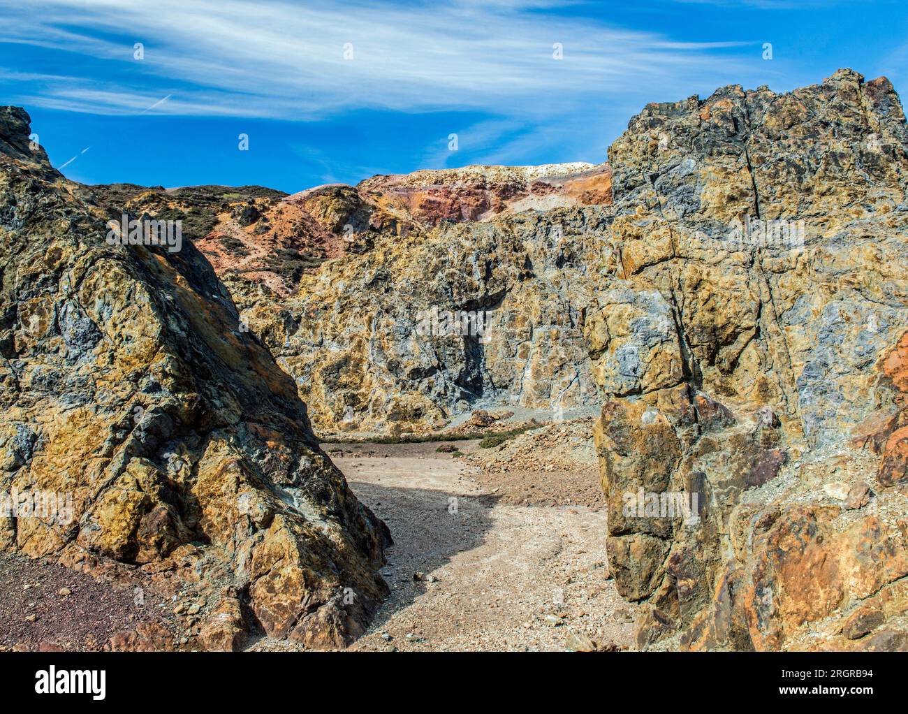 Parys Mountain Anglesey.Old deserted copper mine and quarry from where the the copper ore was taken to nearby Amlwch harbour and shipped to Swansea Stock Photo