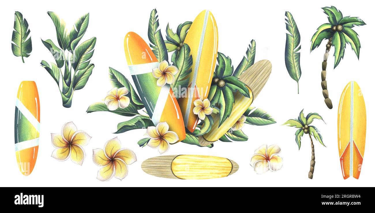 Surfboards are yellow with orange and white stripes with tropical ...