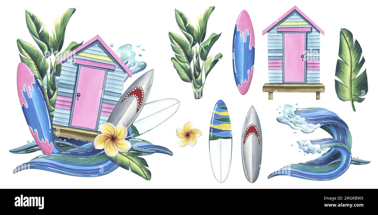 The beach cabin is striped, wooden pink and blue. With surfboards, tropical leaves, plumeria flowers and sea waves. Watercolor illustration, hand Stock Photo