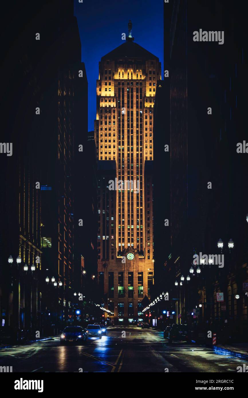 The view down South La Salle Street with the Chicago Board of Trade Building at the end of the street. Stock Photo