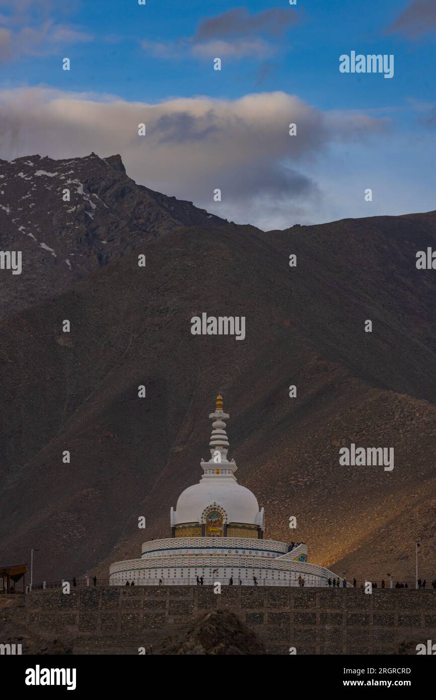 Shanti Stupa, a famous landmark at Leh town, India on 23 july 2023 Stock Photo