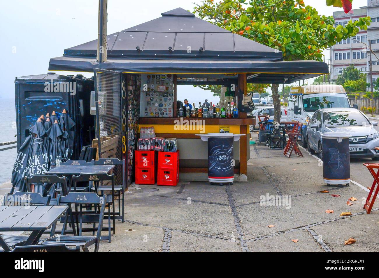 Niteroi, Brazil, small business kiosk in the waterfront district. The bar establishment sells alcohol to tourists. Stock Photo